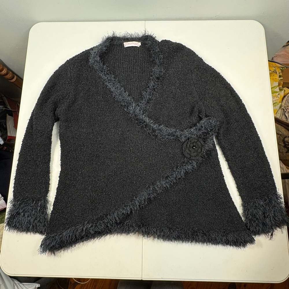 Boho‎ Wool Blend Fringe Wrap Cardigan Fuzzy Boucle Shag Sweater Large